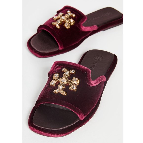 NIB New Tory Burch Jeweled Velvet Slides Bordeaux RED US 9.5 10 AUTHENTIC